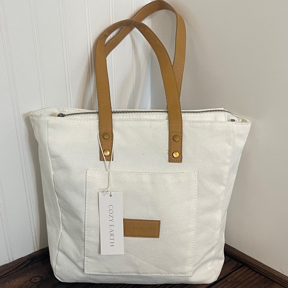 NWT Cozy Earth Canvas White and Tan Tote Bag